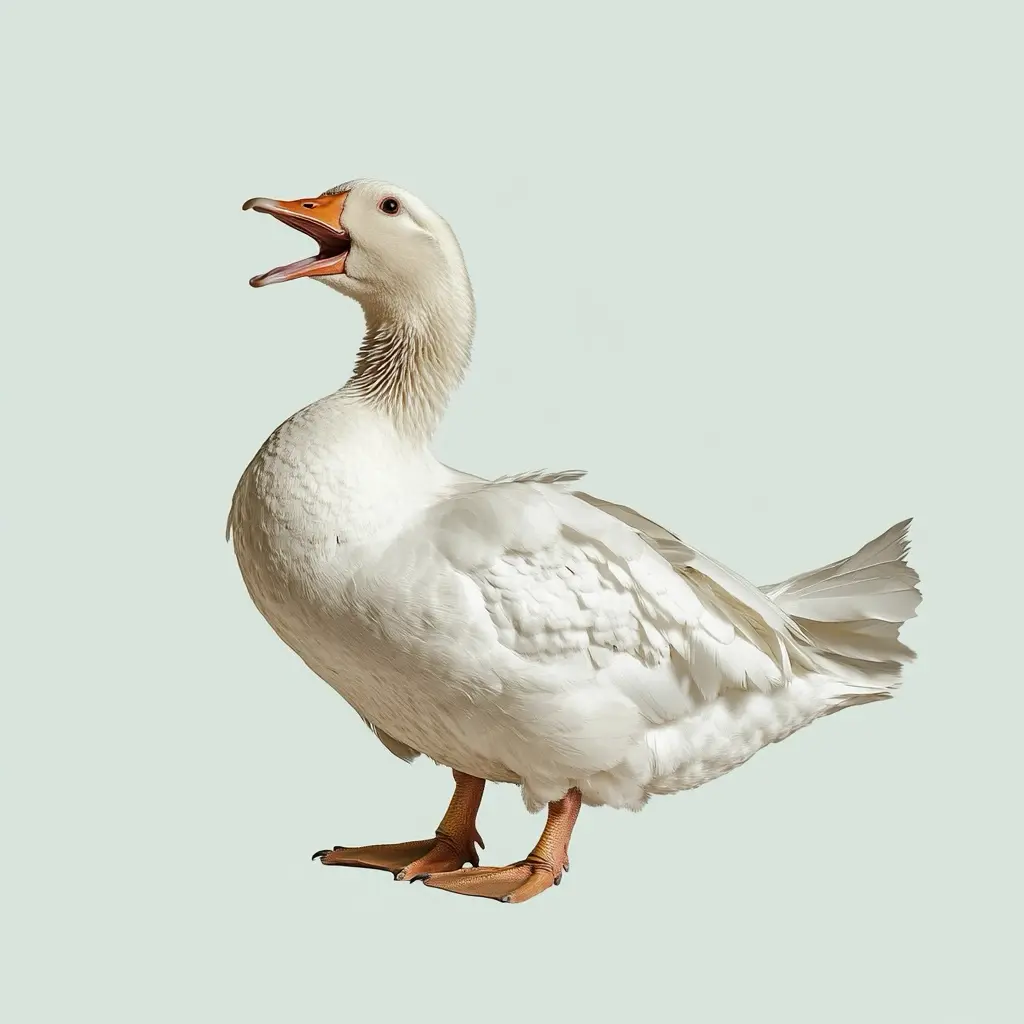 Eine weiße Pekingente steht mit geöffnetem Schnabel vor einem einfarbigen Hintergrund.