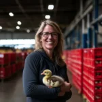 Eine lächelnde Frau hält ein gelbes Küken in den Armen, während sie in einem Industrieumfeld mit roten Kisten im Hintergrund steht.